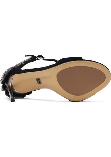 Kadın Siyah Bilekten Tokalı Taşlı Yüksek Ince Topuklu Süet Deri Ayakkabı 25WFD490810