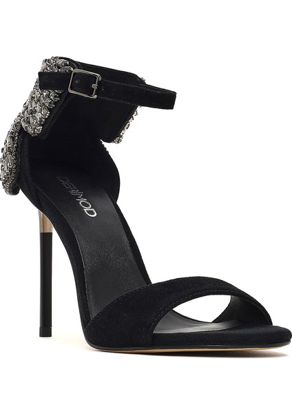 Kadın Siyah Bilekten Tokalı Taşlı Yüksek Ince Topuklu Süet Deri Ayakkabı 25WFD490810