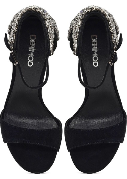 Kadın Siyah Bilekten Tokalı Taşlı Yüksek Ince Topuklu Süet Deri Ayakkabı 25WFD490810