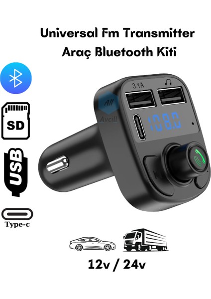 Twotwo Araç Fm Transmitter Type-C Bluetooth Araç Kiti USB Mp3 Sdkart Çakmaklık Oto Müzik Çalar Cn