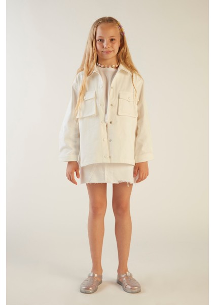 Kız Çocuk Baskılı Beyaz Gabardin Ceket