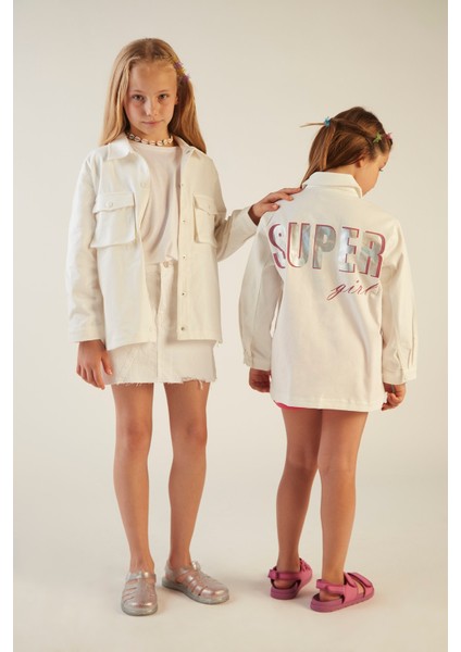 Kız Çocuk Baskılı Beyaz Gabardin Ceket