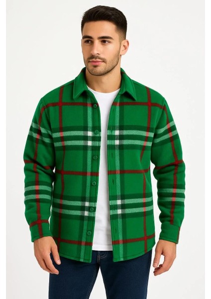 Erkek Ekose Desenli Düğmeli Polar Yakalı Uzun Kollu Gömlek Oversize Rahat Kalıp - Yeşil