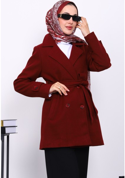 Bordo Kruvaze Yaka Çift Düğmeli Kaşe Kaban