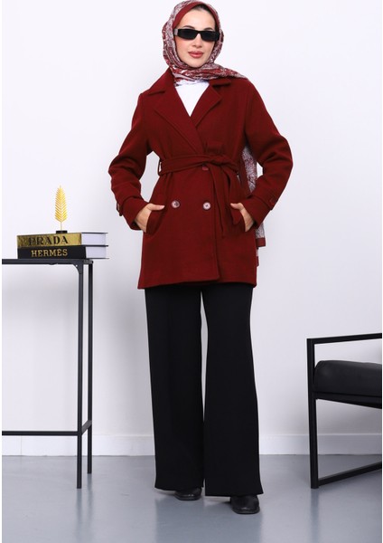 Bordo Kruvaze Yaka Çift Düğmeli Kaşe Kaban fiyatları