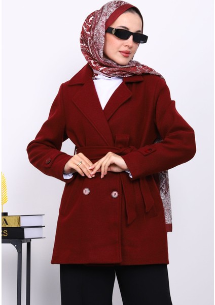 Bordo Kruvaze Yaka Çift Düğmeli Kaşe Kaban modelleri