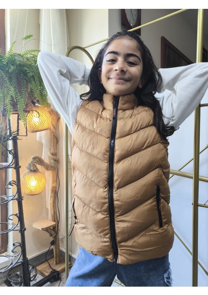 kız-Erkek Çocuk Şişme Yelek Astarlı Fermuarlı Cepli Su Tutmaz Rüzgar Kesici Isı Yalıtımlı Bronz Taba fiyatları