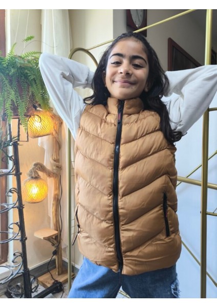 kız-Erkek Çocuk Şişme Yelek Astarlı Fermuarlı Cepli Su Tutmaz Rüzgar Kesici Isı Yalıtımlı Bronz Taba modelleri