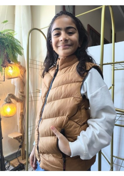 kız-Erkek Çocuk Şişme Yelek Astarlı Fermuarlı Cepli Su Tutmaz Rüzgar Kesici Isı Yalıtımlı Bronz Taba fırsatları