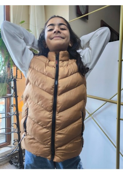 kız-Erkek Çocuk Şişme Yelek Astarlı Fermuarlı Cepli Su Tutmaz Rüzgar Kesici Isı Yalıtımlı Bronz Taba indirimleri