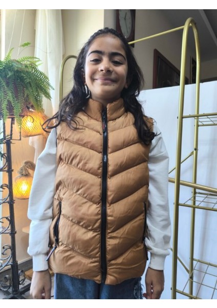 kız-Erkek Çocuk Şişme Yelek Astarlı Fermuarlı Cepli Su Tutmaz Rüzgar Kesici Isı Yalıtımlı Bronz Taba