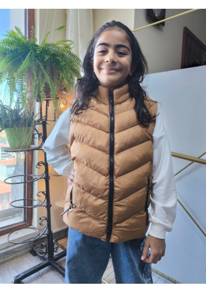 kız-Erkek Çocuk Şişme Yelek Astarlı Fermuarlı Cepli Su Tutmaz Rüzgar Kesici Isı Yalıtımlı Bronz Taba