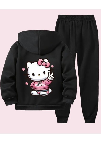 Punıx Kıds Hello Kıtty Baskılı Yüksek Kalite Kışlık 3 Iplik Kalın Kız Çocuk Eşofman Takımı
