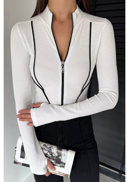 Kadın Şerit Detaylı Ön Fermuarlı Likralı Crop Top Bluz P-00018736