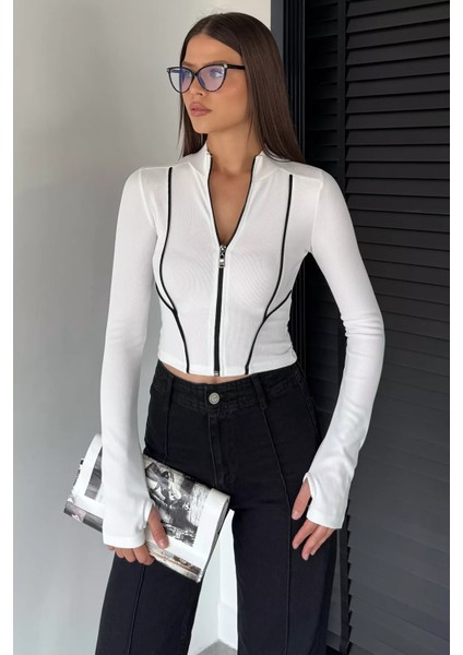 Kadın Şerit Detaylı Ön Fermuarlı Likralı Crop Top Bluz P-00018736 fiyatları