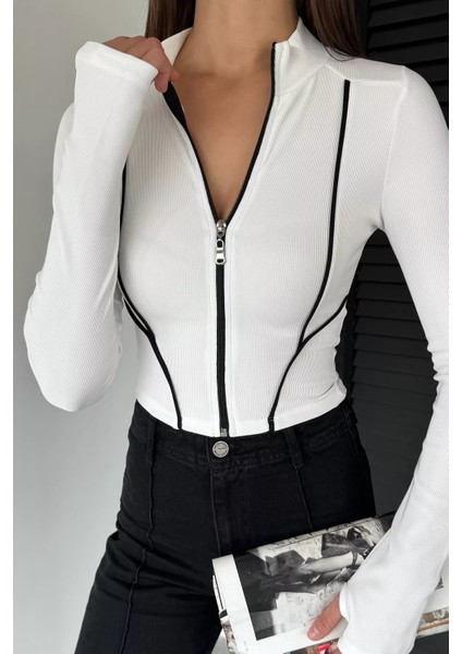 Kadın Şerit Detaylı Ön Fermuarlı Likralı Crop Top Bluz P-00018736 modelleri