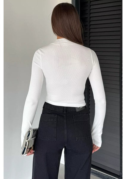 Kadın Şerit Detaylı Ön Fermuarlı Likralı Crop Top Bluz P-00018736 fırsatları