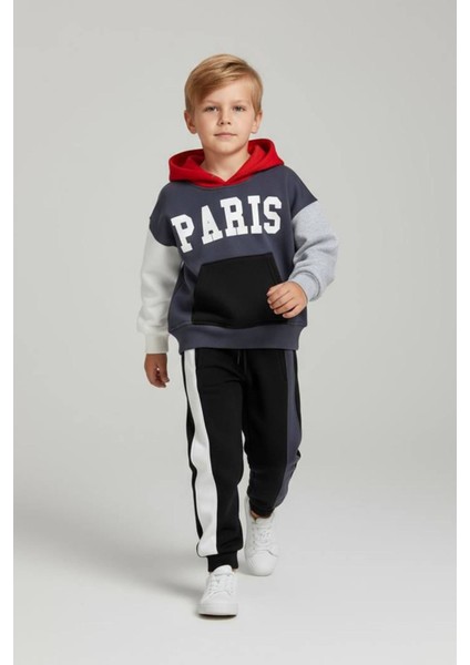 Paris Baskılı Kapüşonlu Kışlık Erkek çocuk takım - Lacivert