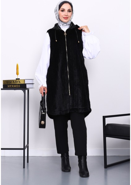 Siyah Kapşonlu Kürk yelek fiyatları