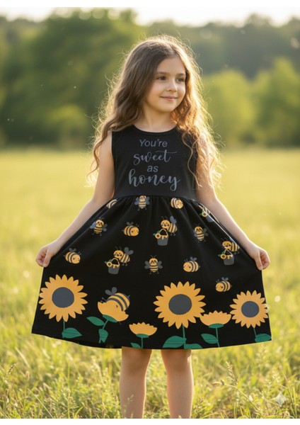 Kız Çocuk Penye Pamuklu Elbise Arı Desenli Siyah Mavi Renk Seçenekli