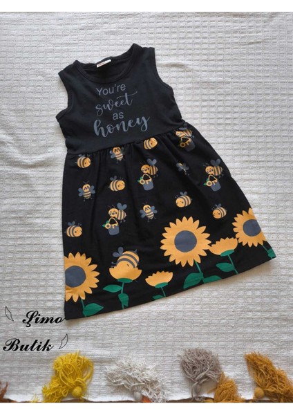 Kız Çocuk Penye Pamuklu Elbise Arı Desenli Siyah Mavi Renk Seçenekli fiyatları