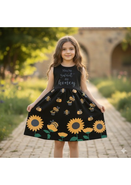 Kız Çocuk Penye Pamuklu Elbise Arı Desenli Siyah Mavi Renk Seçenekli modelleri