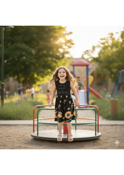 Kız Çocuk Penye Pamuklu Elbise Arı Desenli Siyah Mavi Renk Seçenekli