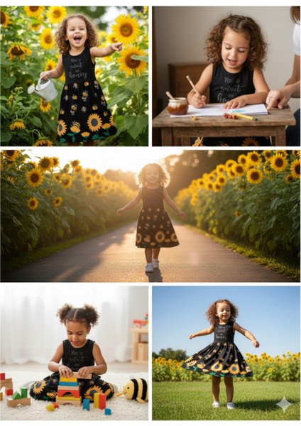 Kız Çocuk Penye Pamuklu Elbise Arı Desenli Siyah Mavi Renk Seçenekli