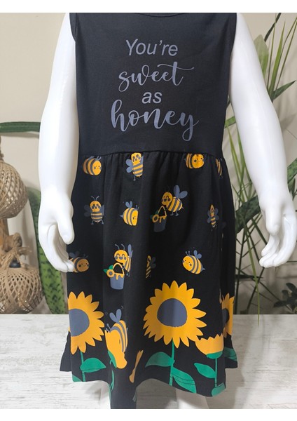 Kız Çocuk Penye Pamuklu Elbise Arı Desenli Siyah Mavi Renk Seçenekli