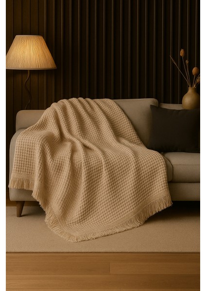 Pamuklu Dokulu Ekru Koltuk Şalı 170X220 cm – Saçaklı Tv Battaniyesi & Dekoratif Koltuk Örtüsü