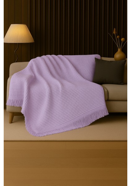 Pamuklu Dokulu Ekru Koltuk Şalı 170X220 cm – Saçaklı Tv Battaniyesi & Dekoratif Koltuk Örtüsü