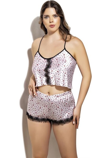 Kadın Fantazi Iç Giyim Öpücük Desenli Fantezi Büyük Beden Şortlu Saten Takım - Şehvetli ve Zarif Tasarım