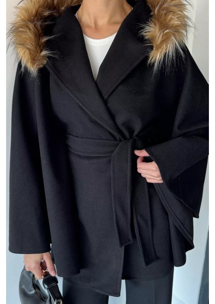 Kadın Kapüşonu Kürklü Bel Bağlamalı Panço P-00018971 fiyatları