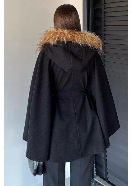 Kadın Kapüşonu Kürklü Bel Bağlamalı Panço P-00018971 fırsatları