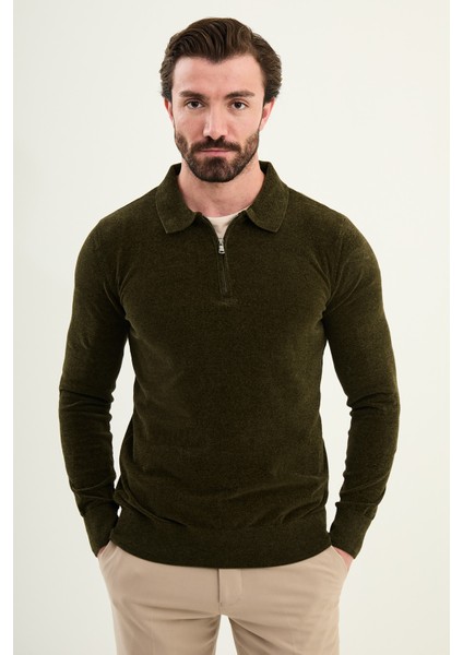 Düz Slim Fit Fermuarlı Polo Yaka Şönil Kumaş Erkek Triko