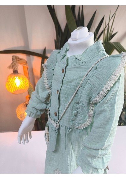 Uzun Kollu Dantel Detaylı Otantik Müslin Çantalı Kız Çocuk Elbisesi modelleri
