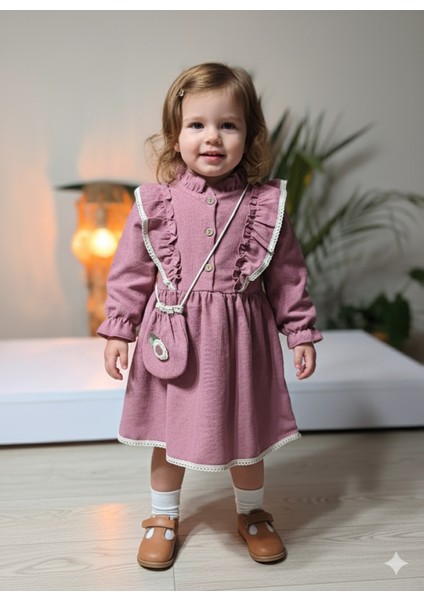 Uzun Kollu Dantel Detaylı Vintage Fitilli Kadife Çantalı Kız Çocuk Elbisesi