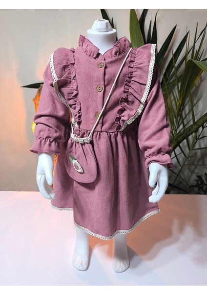Uzun Kollu Dantel Detaylı Vintage Fitilli Kadife Çantalı Kız Çocuk Elbisesi fiyatları