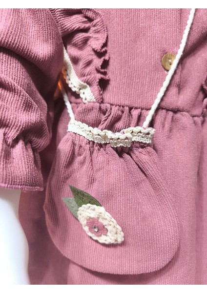 Uzun Kollu Dantel Detaylı Vintage Fitilli Kadife Çantalı Kız Çocuk Elbisesi fırsatları