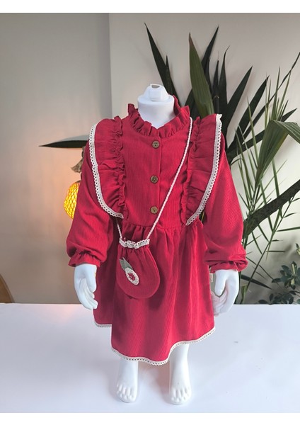 Uzun Kollu Dantel Detaylı Vintage Fitilli Kadife Çantalı Kız Çocuk Elbisesi fiyatları