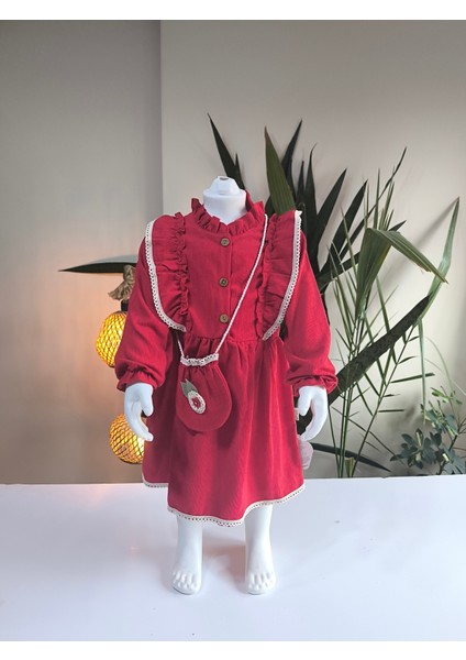 Uzun Kollu Dantel Detaylı Vintage Fitilli Kadife Çantalı Kız Çocuk Elbisesi modelleri