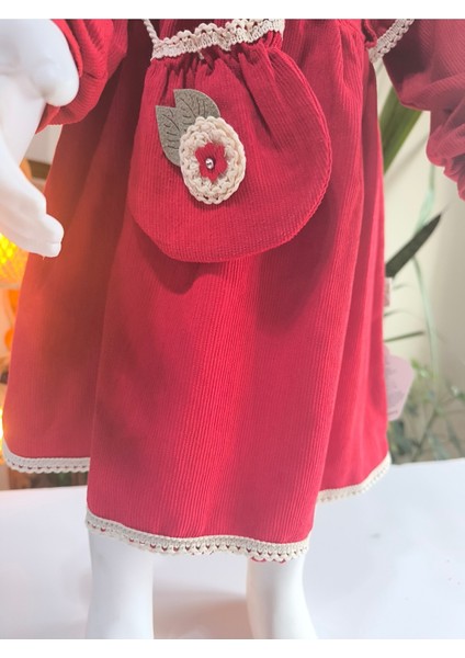 Uzun Kollu Dantel Detaylı Vintage Fitilli Kadife Çantalı Kız Çocuk Elbisesi fırsatları