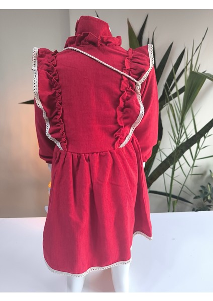 Uzun Kollu Dantel Detaylı Vintage Fitilli Kadife Çantalı Kız Çocuk Elbisesi indirimleri