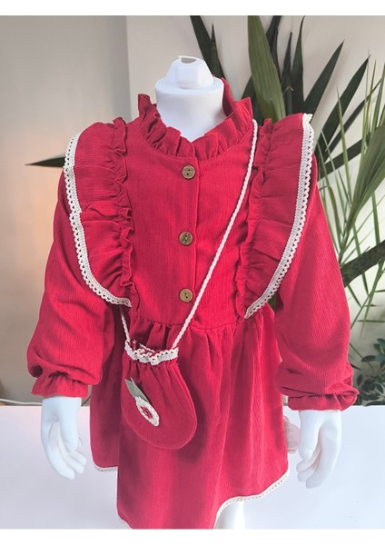 Uzun Kollu Dantel Detaylı Vintage Fitilli Kadife Çantalı Kız Çocuk Elbisesi