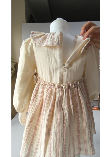 Kız Bebek Çocuk Elbise Otantik Keten Müslin %100 Pamuk Astarlı Tarz Tasarım Çok Şık