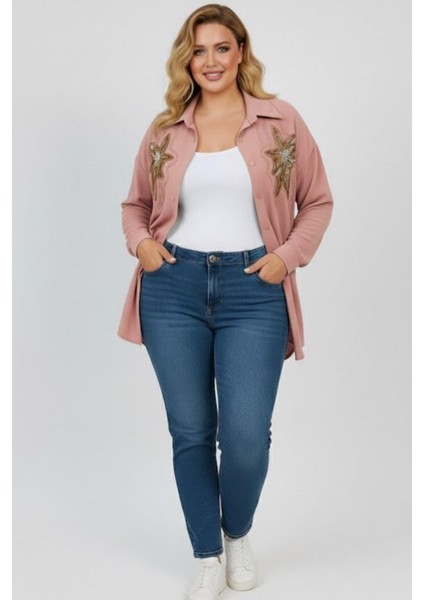 Kadın Büyük Beden Pul Payet Işlemeli Uzun Kollu Gömlek 1985-26