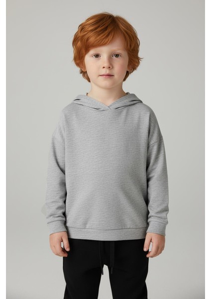 Unisex Çocuk Basic Pamuklu Kapüşonlu Sweatshirt - Gri