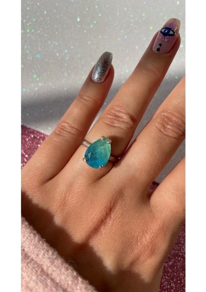 Beyaz Altın Kaplama Su Yeşili ve Mavi Renk Damla Model Turmalin Yüzük