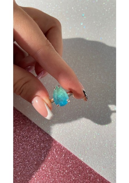 Beyaz Altın Kaplama Su Yeşili ve Mavi Renk Damla Model Turmalin Yüzük modelleri