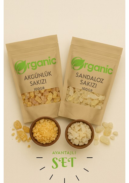 Doğal Akgünlük Sakızı 100GR & Sandaloz Sakızı 100GR | 2'li Bitkisel Karışım Seti | Bitkisel Reçine